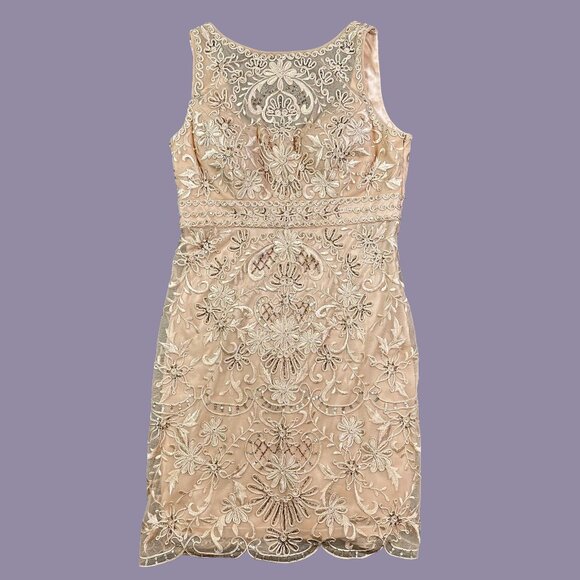 Sue Wong Nocturne Beige Beaded Sequin Mesh Flapper Pencil Dress Women's 12 - Picture 1 of 5